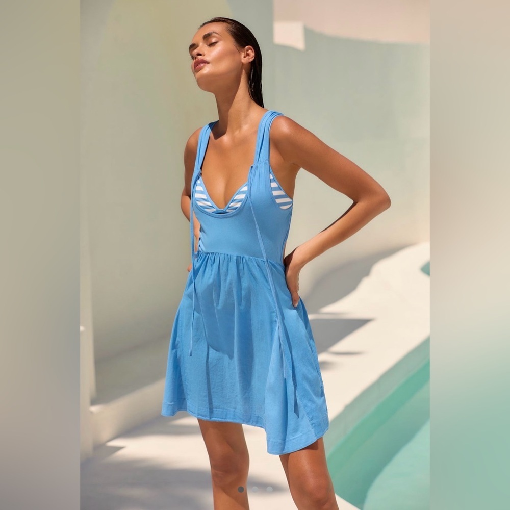 NWT By Anthropologie Scoop Neck Mini Dress Cover Up Casual Beach Summer Blue SP
